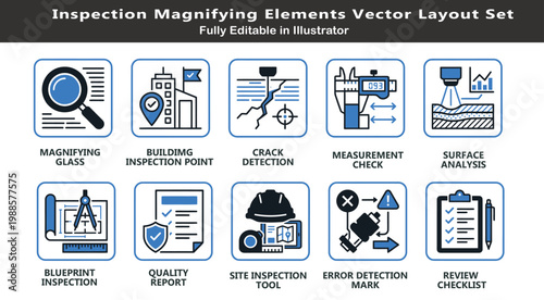 Inspection quality control vector icons set, top view technical symbols, magnifying glass, defect detection, measurement checks, blueprint review, checklist CAD layout