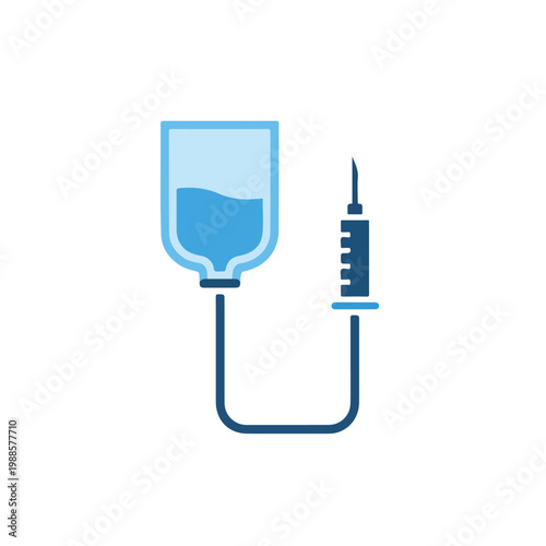A blue medical icon featuring an intravenous bag filled with fluid connected by a tube to a syringe and needle on a white background.