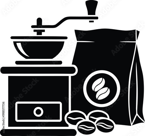 Vintage manual coffee grinder with coffee beans bag and scattered seeds vector illustration isolated on white background.