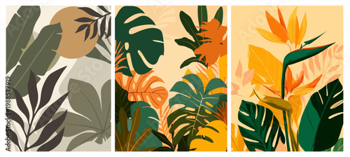 Modern abstract art set featuring vibrant tropical palm leaves and exotic flowers in a stylish minimalist arrangement