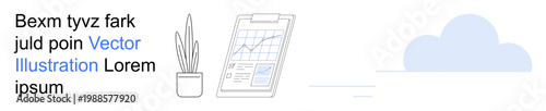 Business planning, data visualization, office organization, growth analysis, digital tools, cloud storage. A clipboard with charts, a potted plant and a cloud graphic. Business planning and data