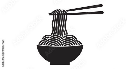 Black and white illustration of ramen noodles in a bowl with chopsticks