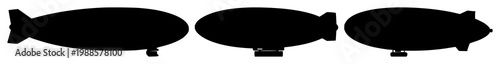 Blimp set with black silhouette on white background featuring airship, aerostat, blimp with aviation and advertising