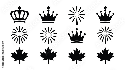 Clean vector illustration featuring 12 distinct black symbols of crowns stars and maple leaves in a grid layout minimalist style