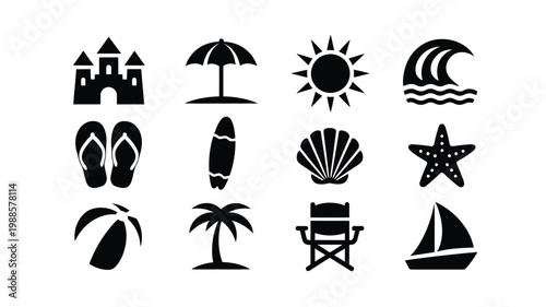 Black vector icons of beach elements including sandcastle flip flops surfboard sun palm tree and sailboat set on a clean white background for summer themed designs