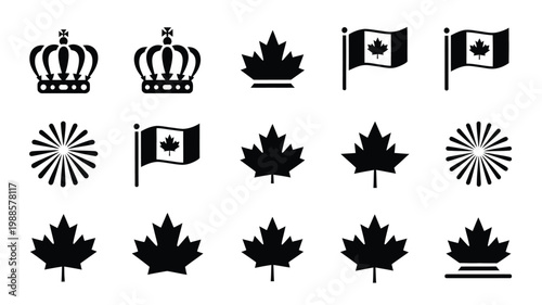 Black and white vector set of canadian flag maple leaf crown rays and abstract symbols in minimalist design