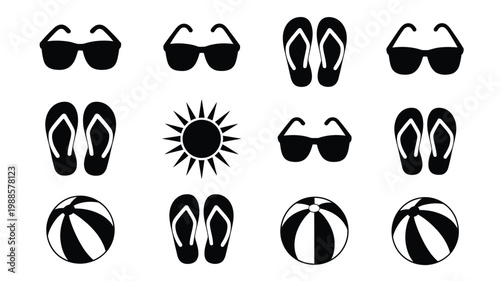 Summer inspired vector icons featuring black and white sunglasses flip flops beach balls and a radiant sun symbol in a minimalist grid layout