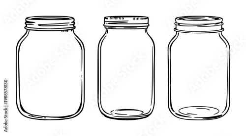 Retro jar set with black line art on a white background featuring vintage, minimalist, silhouette illustration with nostalgic and retro motifs.