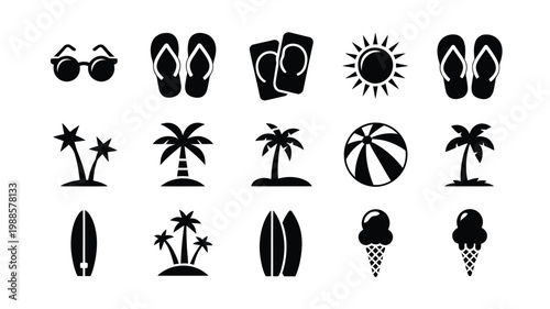 Black silhouette icons of summer beach elements including sunglasses flip flops cocktails sun palm trees beach ball surfboards and ice cream