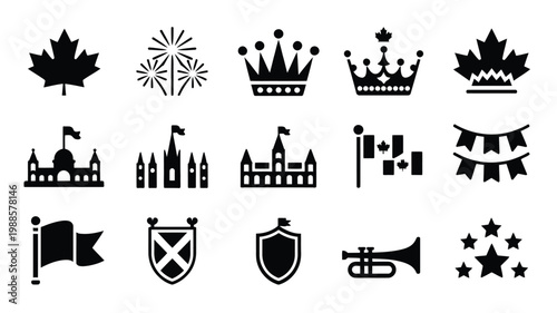 Black and white vector icons featuring maple leaves crowns castles flags and festive symbols in a professional design style