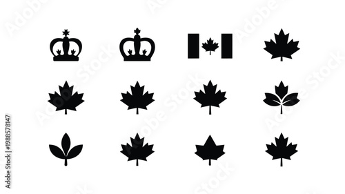 Clean vector logo bundle showcasing 12 iconic symbols including crown flag maple leaves in bold black and white design