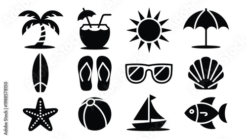 Black and white vector icons depicting a tropical beach theme with palm trees coconut drink sun umbrella sunglasses and more
