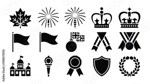 Black and white vector symbols include maple leaf fireworks crowns flags shield award ribbons house and wreath