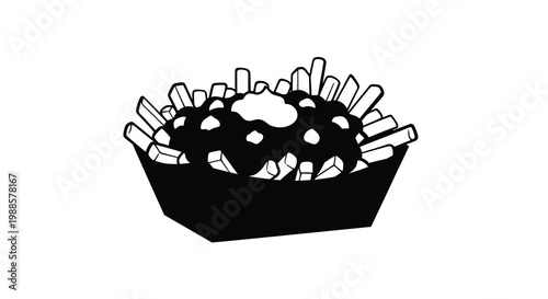 A black and white illustration depicts a basket overflowing with french fries and a dollop of sauce