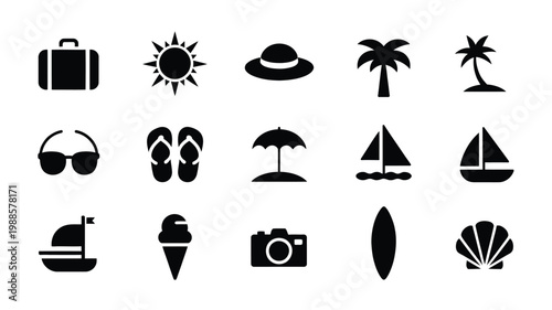Black and white vector illustration of travel and vacation icons with tropical elements and summer accessories including sun palm trees beach umbrella sunglasses sandals