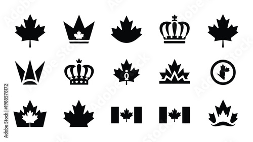 Black and white vector icons of maple leaves crowns and canadian flags in minimalist design for national symbols