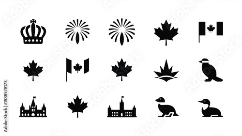 Black and white vector icons showcasing canadian symbols including maple leaves flags wildlife landmarks and abstract designs