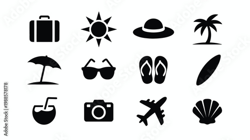 Black vector icons of travel essentials including suitcase sunglasses flip flops sun hat palm tree surfboard airplane camera drink and seashell on white background