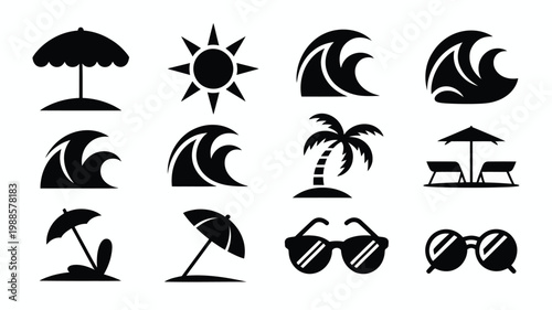 Black and white vector icons featuring beach umbrellas waves sunglasses and palm trees in a clean minimalist style