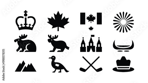 Black and white vector icons showcasing canadian symbols wildlife and cultural elements in a minimalist style