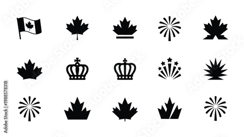 Collection of black and white vector icons featuring maple leaves crowns fireworks and a flag symbol in clean minimalist style