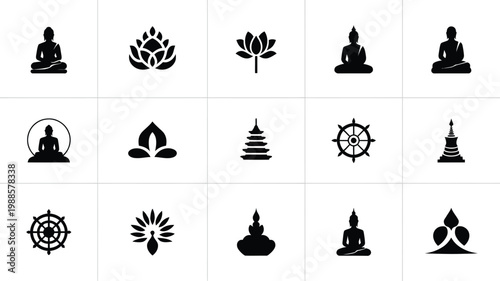 Minimalist vector icons of buddha lotus mandala and meditation symbols in black and white tones for spiritual and religious design