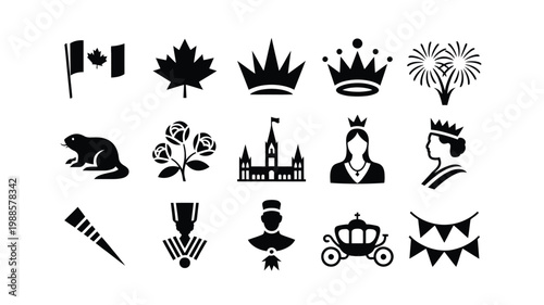 Black and white vector icons representing canadian symbols nature royalty and celebrations in a flat design style