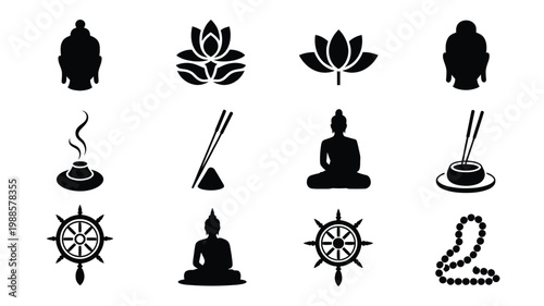 Black and white spiritual symbols including buddha statues lotus flowers prayer beads and incense sticks in a clean vector collection