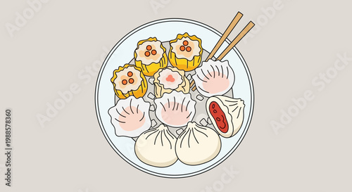 Assorted Dim Sum Platter with Chopsticks - Delicious Chinese Food Illustration