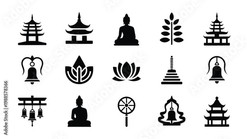 Black silhouettes of buddha statues pagodas and cultural symbols arranged in a grid layout vector illustration