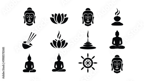 Buddhist symbols and meditation icons illustrated in clean vector style with monochromatic design