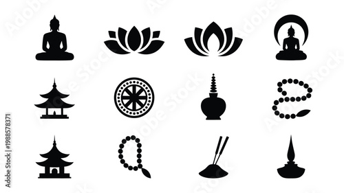 Minimalist silhouette icons of buddhist meditation and asian cultural symbols in a clean monochromatic style featuring beads pagodas lotus and meditation figures