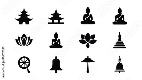 Minimalist black and white collection of 12 icons symbolizing buddhist spirituality and culture