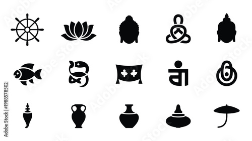 Black and white vector icons showcasing cultural symbols including meditation fish lotus flower and traditional pottery