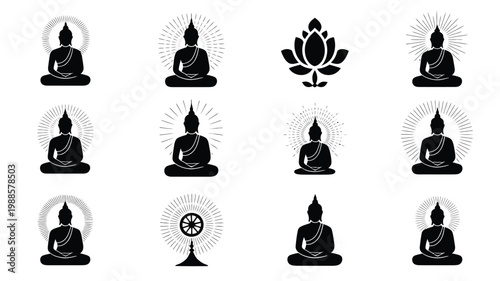 Serene black and white vector icons of buddha statues meditating in lotus position with lotus flower and dharma wheel symbols