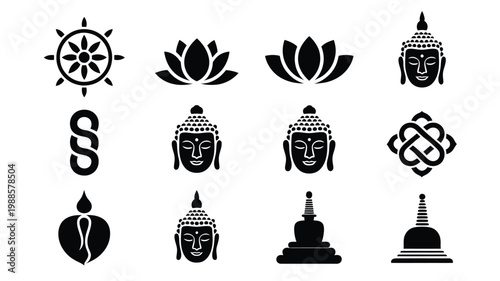 Black and white vector icons of buddhist symbols including lotus buddha stupa and dharmachakra in minimalist style