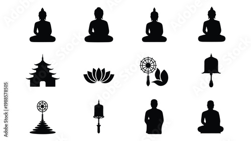 Black silhouettes of buddha statues pagoda lotus flower prayer wheel and meditating figures in minimalist vector style with clean lines and symbolic elements