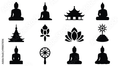 Silhouettes of buddha statues temples lotus flowers and religious symbols in minimalist black vector style for spiritual and cultural designs