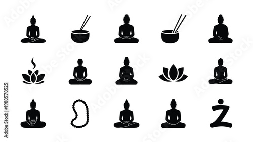 Minimalist black and white vector icons depicting meditation buddha statues lotus flowers prayer beads zen symbols and bowls in a clean modern style