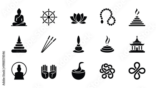 Minimalist buddhist symbols and icons collection featuring meditating buddha lotus flower prayer beads and incense