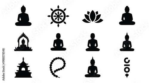 Black minimalist buddhist symbols and icons collection featuring serene buddhas lotus temple and meditation elements for spirituality and mindfulness designs