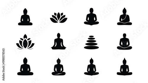 Minimalist meditation symbols featuring serene buddha silhouettes lotus flowers and stacked stones in black and white