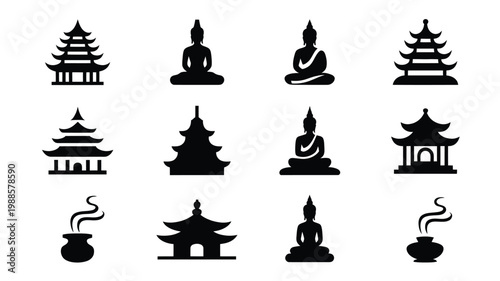 Black silhouettes of traditional asian pagoda towers and buddha statues in meditative poses with incense burners vector illustration on a clean white background