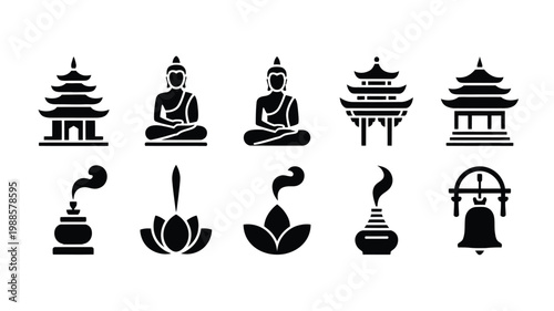 Clean vector icons featuring traditional asian architecture buddha statues in meditative poses lotus flowers incense and cultural symbols for spirituality and peace