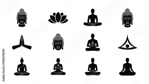 Silhouette symbols of meditating figures buddha faces and lotus flowers arranged in minimalist grid design isolated on clean white background vector icons for spirituality