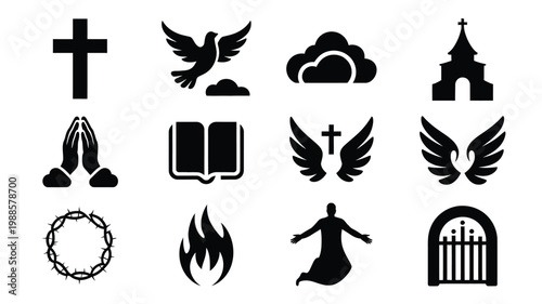 Minimalist black and white christian icon set featuring cross dove cloud church bible wings crown flame praying figure and gate