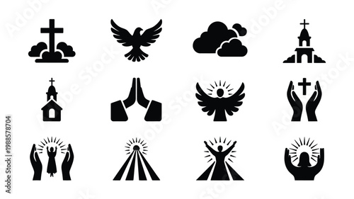 Set of clean black vector icons featuring religious symbols prayer hands crosses and churches for faith themed designs