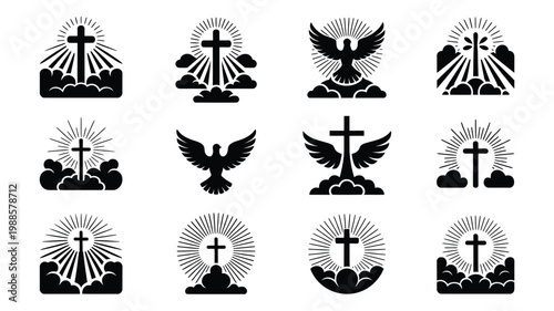 Minimalist black and white collection of 12 symbolic logos featuring crosses doves and rays of light in a modern design style