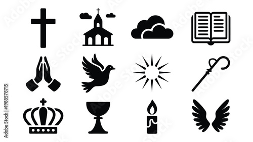 Set of religious symbols including a cross church dove prayer hands and bible illustrated in minimalist vector style