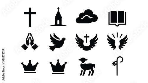 Black and white vector illustration showcasing 12 religious symbols including a cross church dove crown and lamb in minimalist style